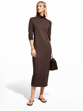 EILEEN FISHER Fine Jersey Scrunch Neck Dress in Espresso Brown Size XS